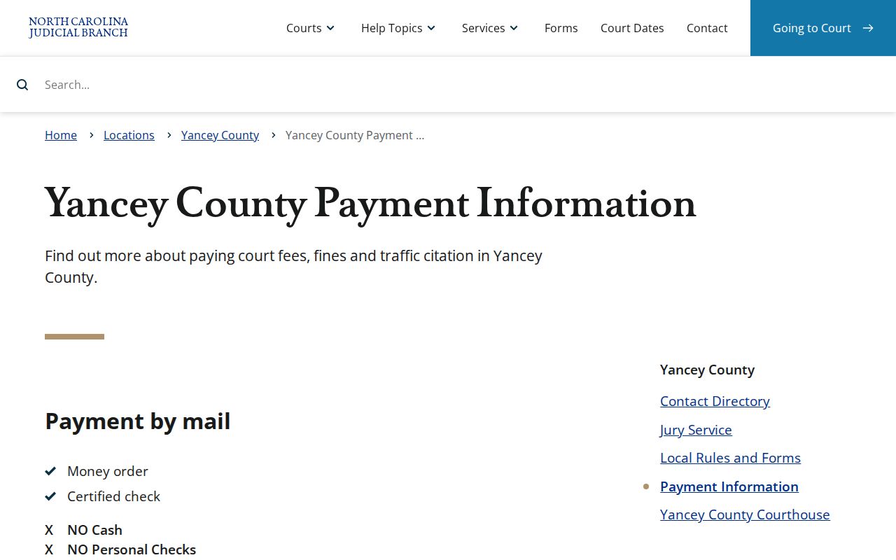 Yancey County criminal records payment information at the courthouse